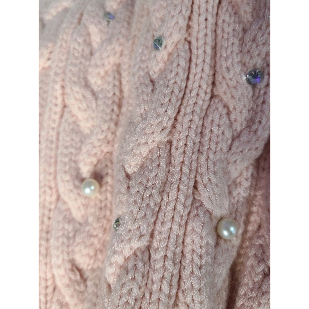 Guess Pink Cable Knit Scarf Faux Fur Pom Poms Pearl Rhinestone Embellished‎ - Picture 3 of 7